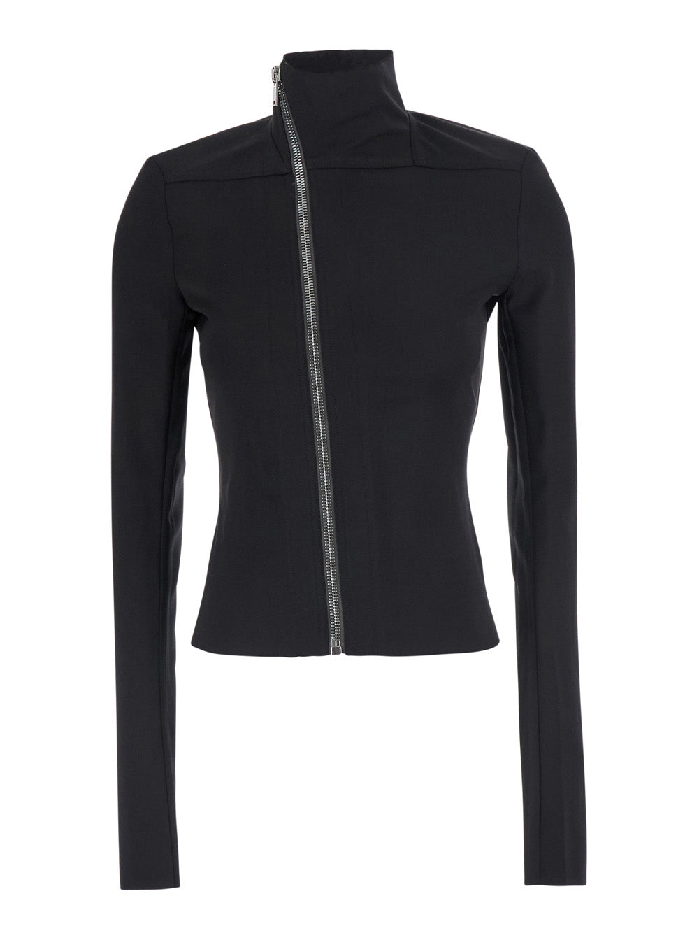 Rick Owens Women 'Gary' Black Crop Jacket With High Collar And Off-Center Zip Closure In Wool Blend For Women