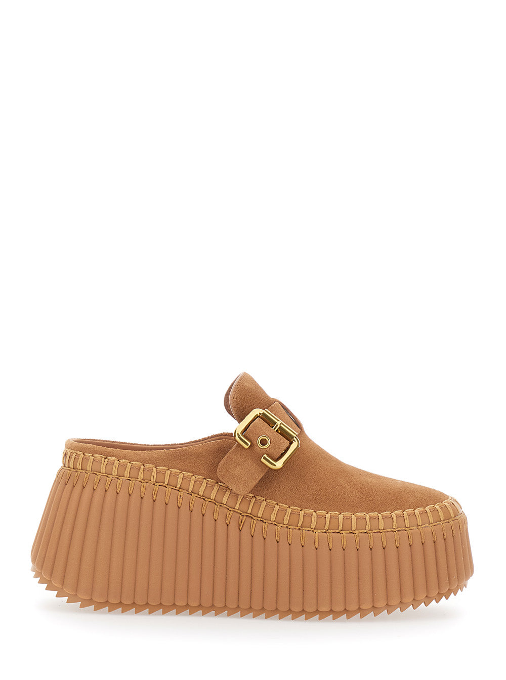 Chloé Women 'Nama' Brown Mules With Wedge Heeles With Adjustable Buckle Strap In Suede For Women CHLOE