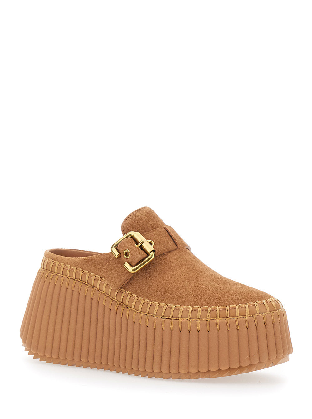 Chloé Women 'Nama' Brown Mules With Wedge Heeles With Adjustable Buckle Strap In Suede For Women CHLOE