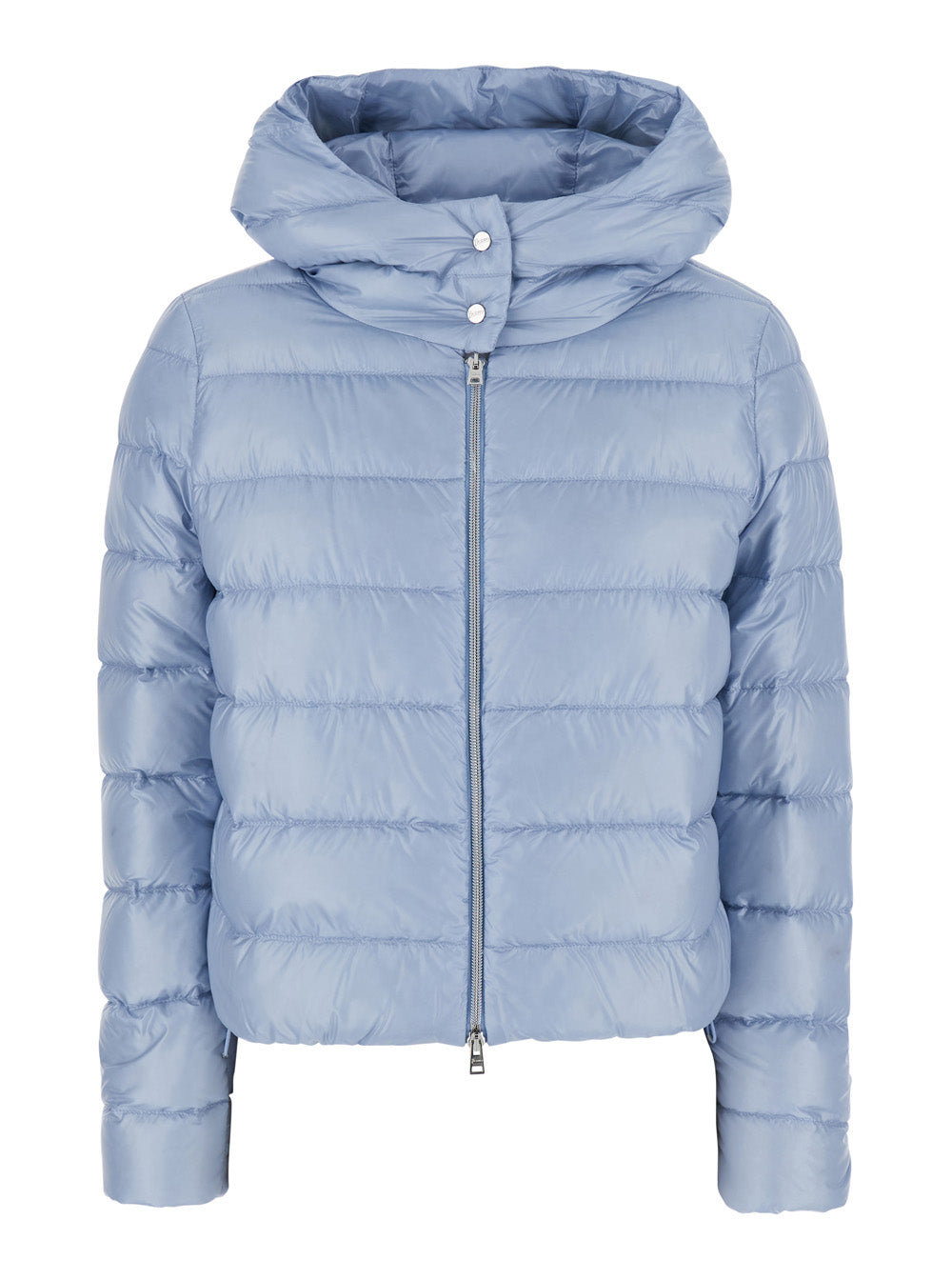 Herno Women Light Blue Short Down Jacket With Hood And Metal Plate On The Back In Tech Fabric Women HERNO