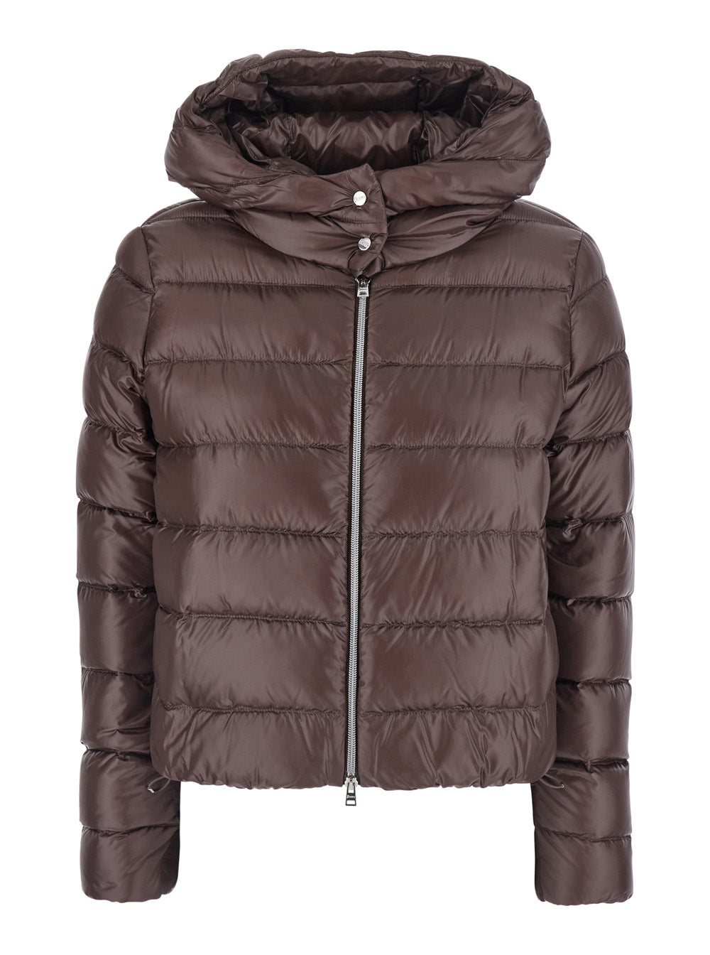 Herno Women Brown Short Down Jacket With Hood And Metal Plate On The Back In Tech Fabric Woman HERNO
