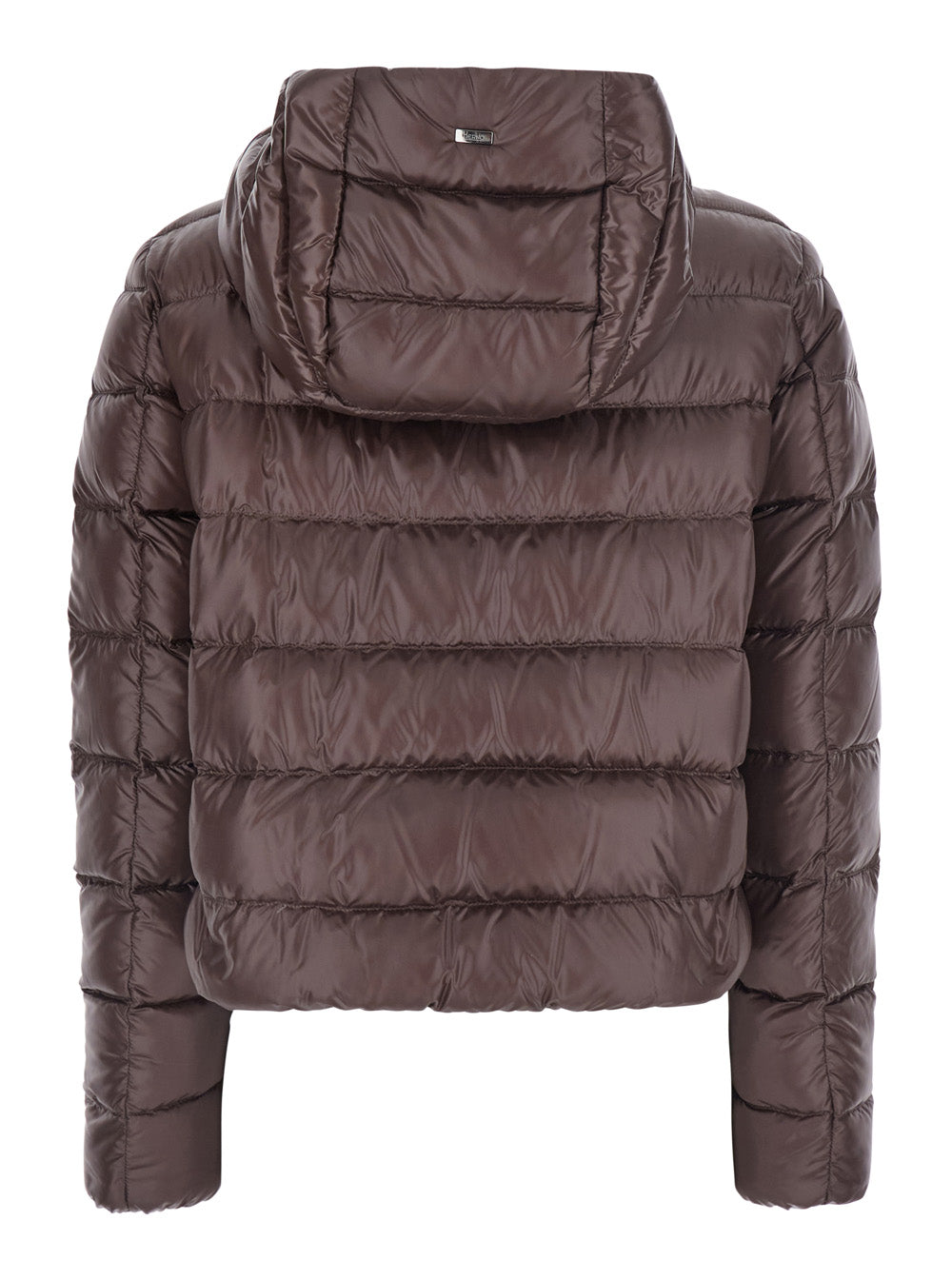 Herno Women Brown Short Down Jacket With Hood And Metal Plate On The Back In Tech Fabric Woman HERNO