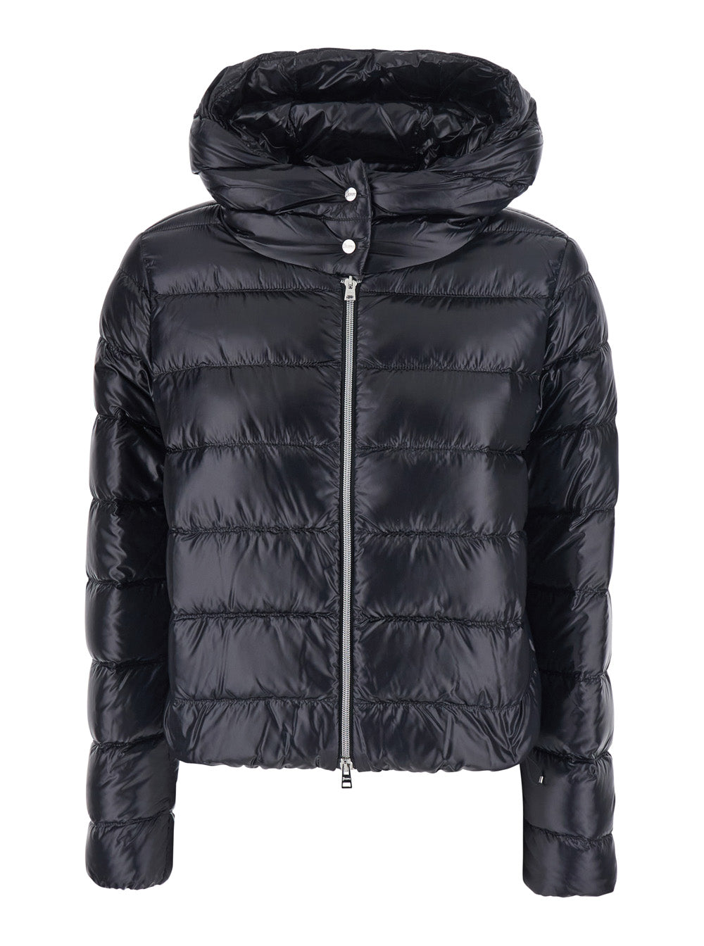 Herno Women Black Short Down Jacket With Hood And Metal Plate On The Back In Tech Fabric Woman HERNO