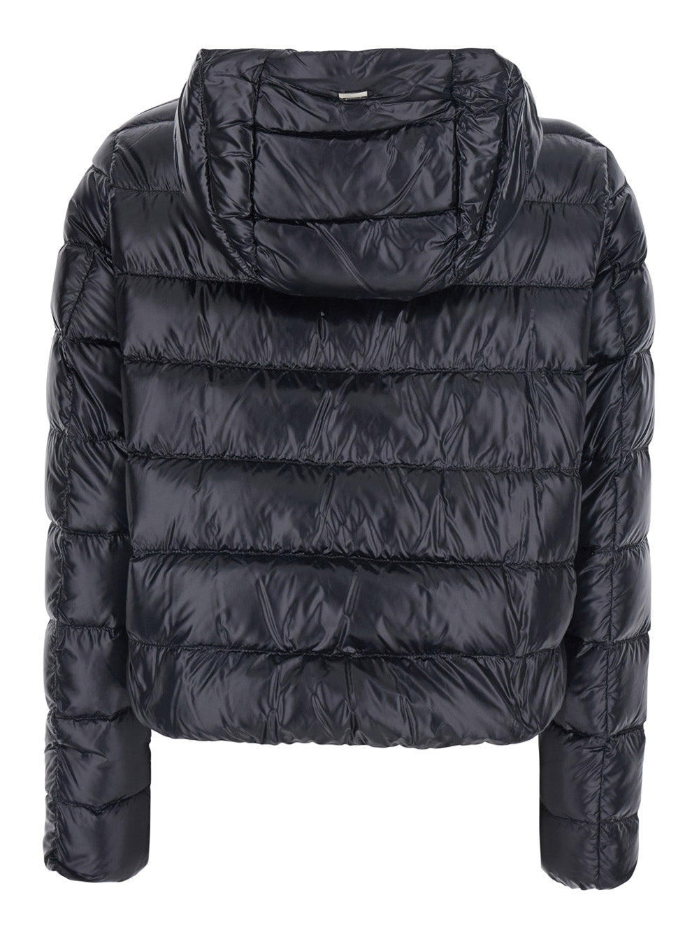 Herno Women Black Short Down Jacket With Hood And Metal Plate On The Back In Tech Fabric Woman HERNO