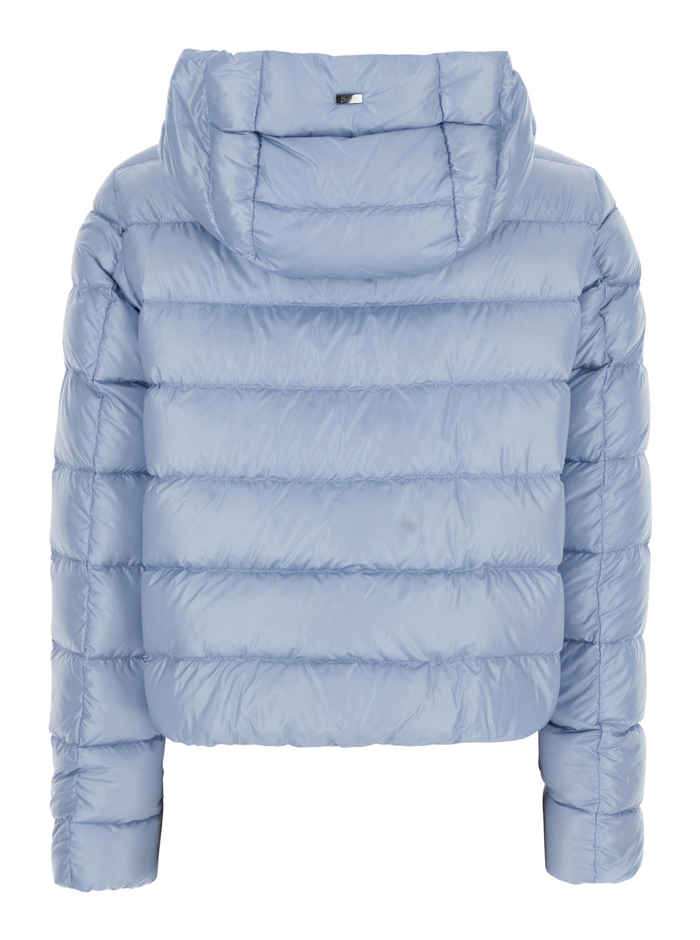 Herno Women Light Blue Short Down Jacket With Hood And Metal Plate On The Back In Tech Fabric Women HERNO