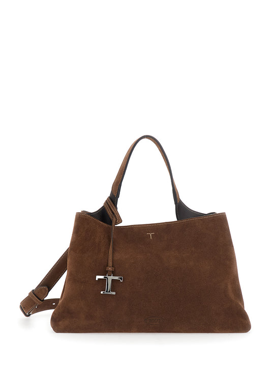Tod's Women Brown Handbag With Adjustable And Removable Shoulder Strap And T Plaque On The Front In Suede For Women TOD'S