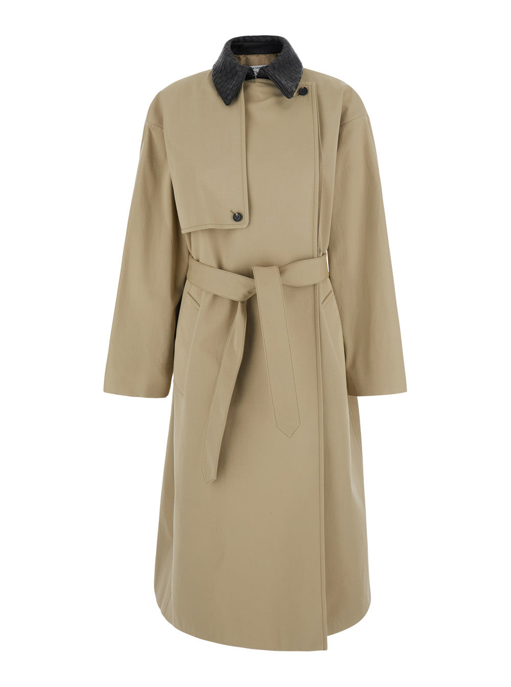Bottega Veneta Women Light Cotton Belter Trench Coat With Intrecciato Collar BOTTEGA VENETA