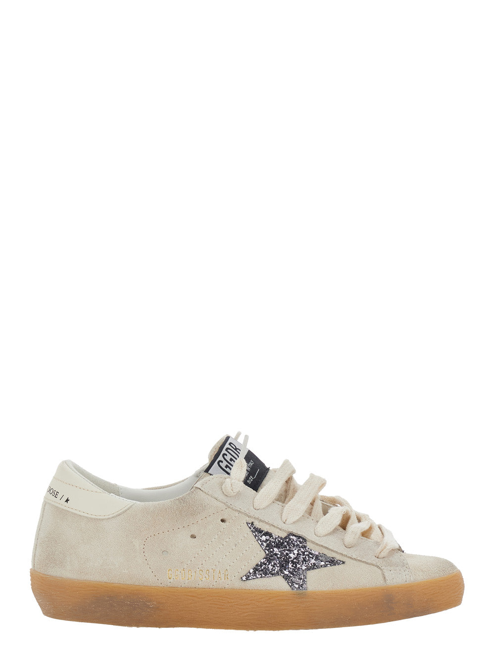 Golden Goose Women Super Star Sneakers With Suede Upper And Glitter Tongue, Leather With Leather Heel, Beige, Unisex GOLDEN GOOSE