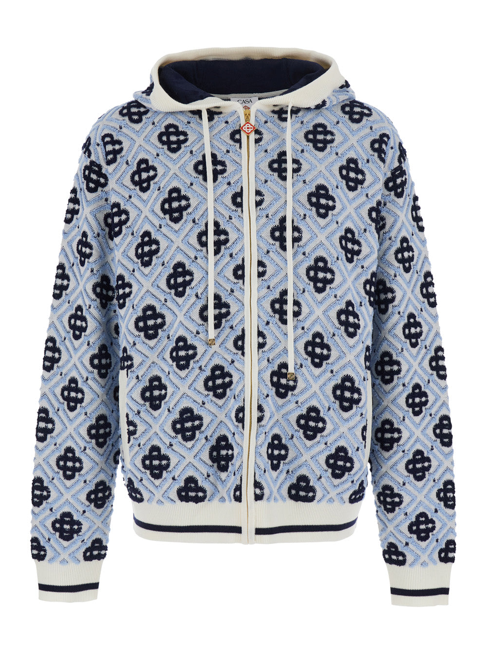 Casablanca Men Light Blue Hooded Sweatshirt With Drawstring And All-Over Logo Motif In Wool Man CASABLANCA