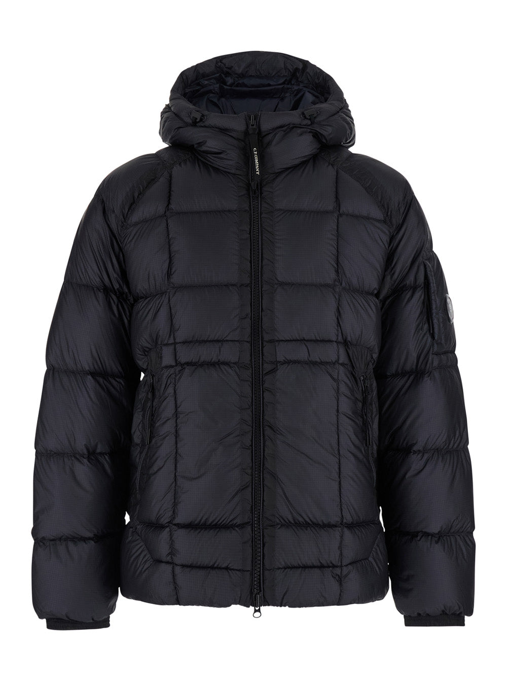 C.P. Company Men Blue Hooded Jacket With Logo Plate On The Sleeve In Tech Fabric Man C.P. COMPANY