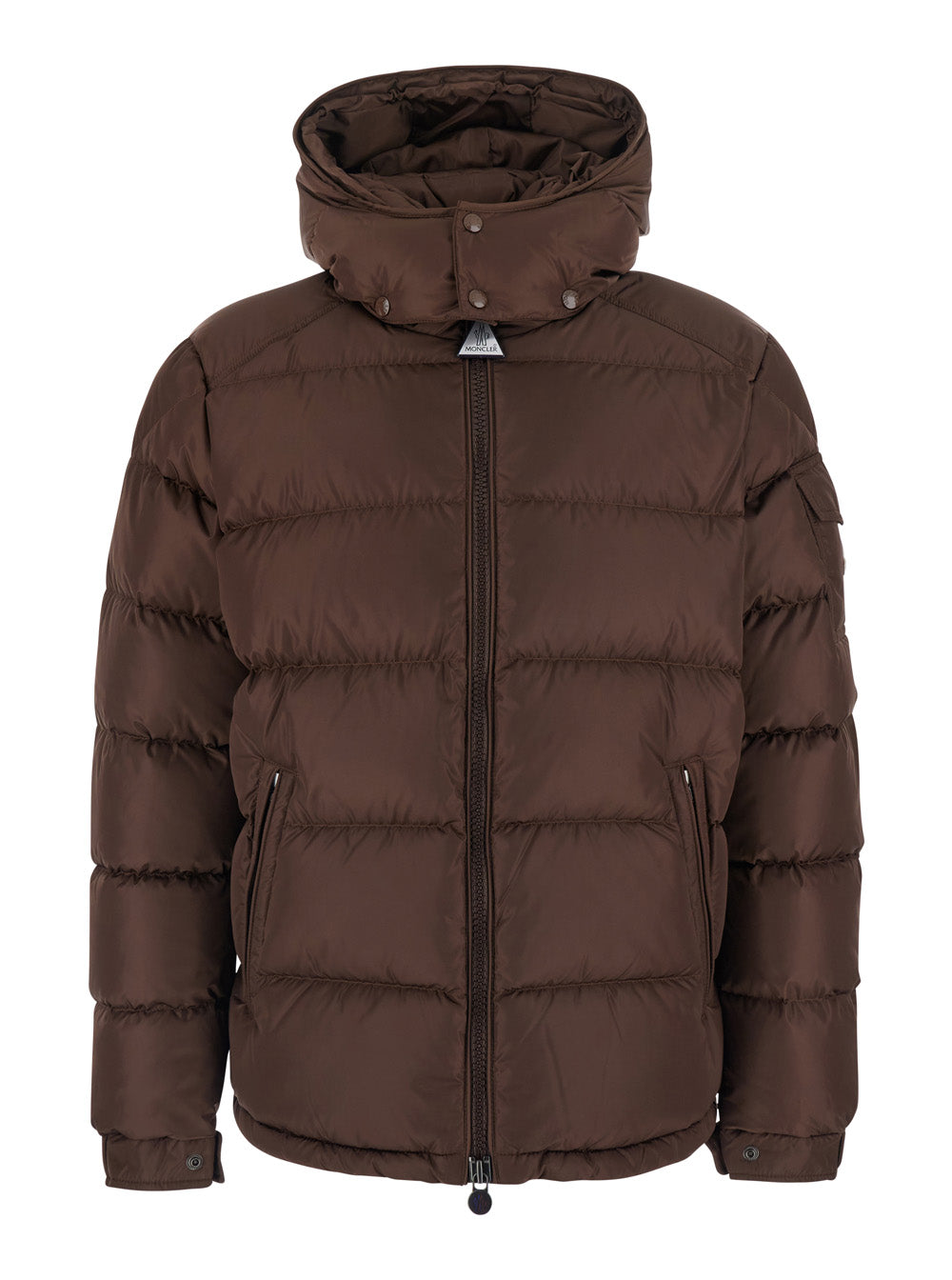 Moncler Men Brown Down Jacket 'Maya' With Removable Hood And Logo Patch On The Sleeve In Tech Fabric For Men MONCLER