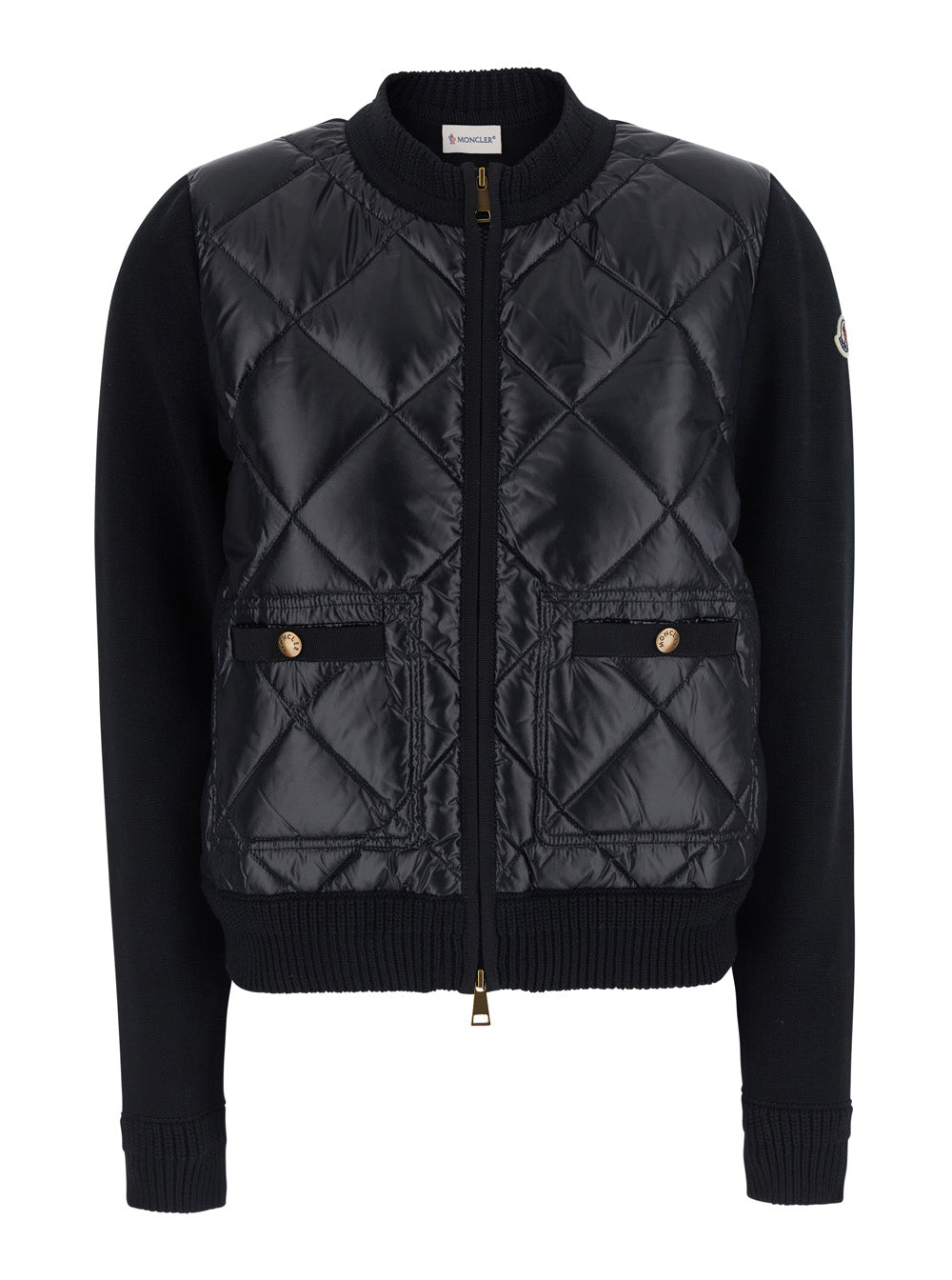 Moncler Women Black Crew Neck Cardigan With Logo Patch On The Sleeve In Tech Fabric And Fabric For Women MONCLER
