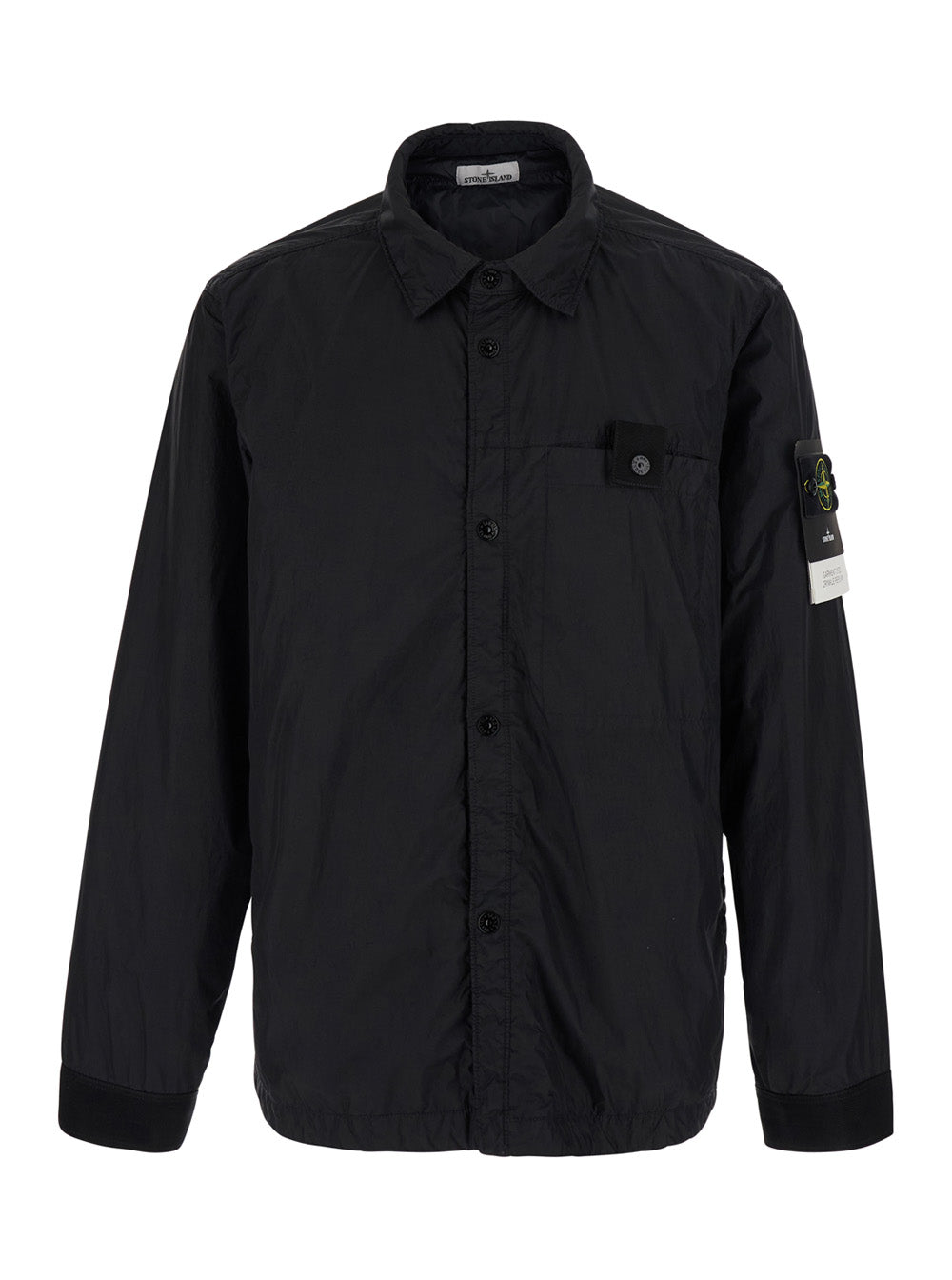 Stone Island Men Black Jacket With Logo Patch On The Sleeve And Crinkled Design In Tech Fabric For Men STONE ISLAND