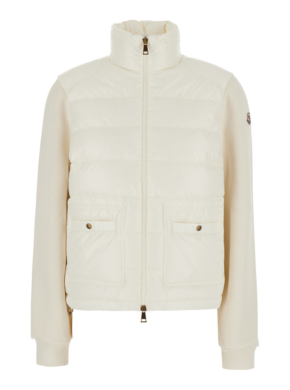 Moncler Women White High-Neck Cardigan With Logo Patch On The Sleeve And Padded And Quilted Design On The Front In Tech Fabric And Cotton For Women MONCLER