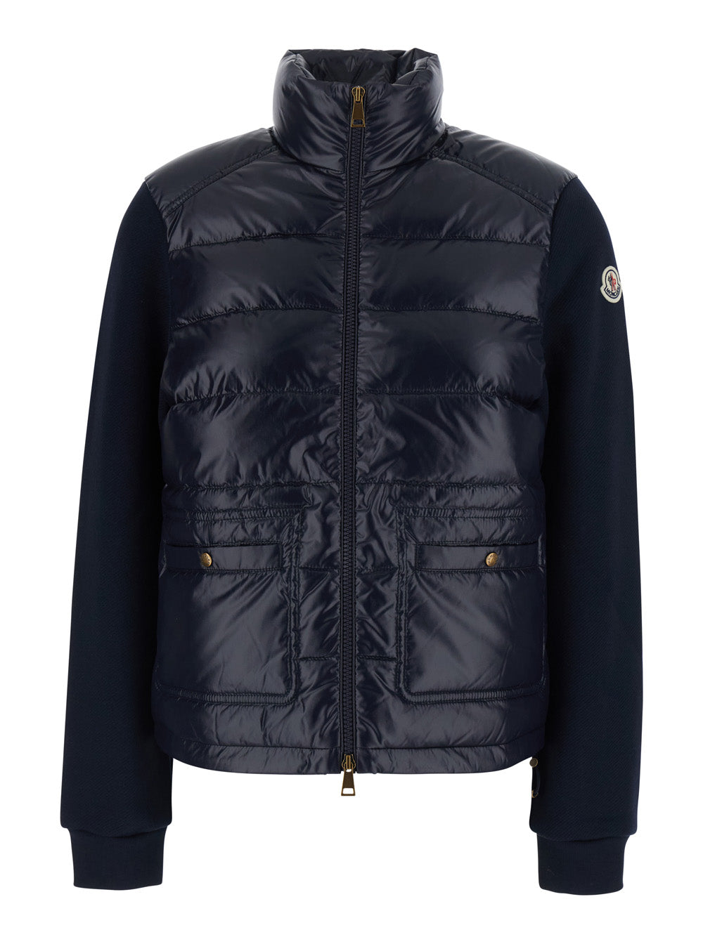 Moncler Women Blue High-Neck Cardigan With Logo Patch On The Sleeve And Padded And Quilted Design On The Front In Tech Fabric And Cotton For Women MONCLER