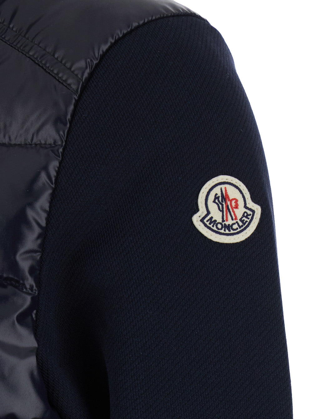 Moncler Women Blue High-Neck Cardigan With Logo Patch On The Sleeve And Padded And Quilted Design On The Front In Tech Fabric And Cotton For Women MONCLER