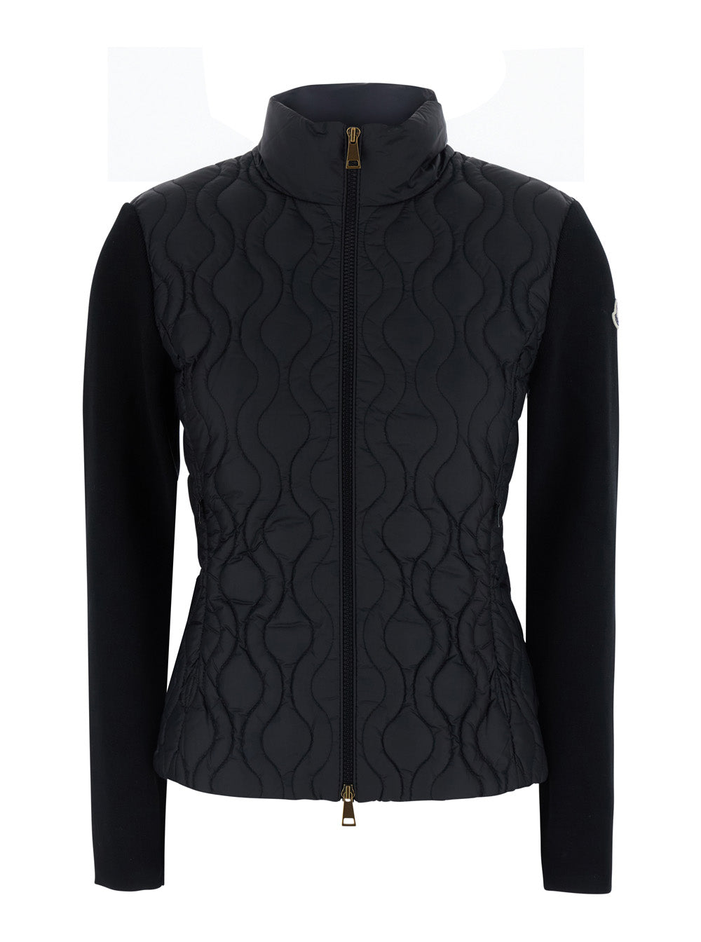 Moncler Women Black Cardigan With Padded Design On The Front And Logo Patch On The Sleeve In Tech Fabric And Cotton For Women MONCLER