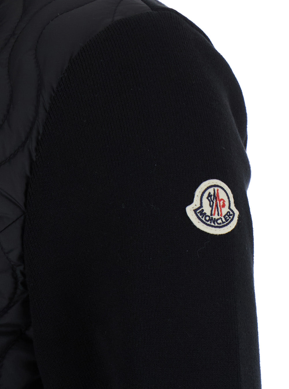 Moncler Women Black Cardigan With Padded Design On The Front And Logo Patch On The Sleeve In Tech Fabric And Cotton For Women MONCLER