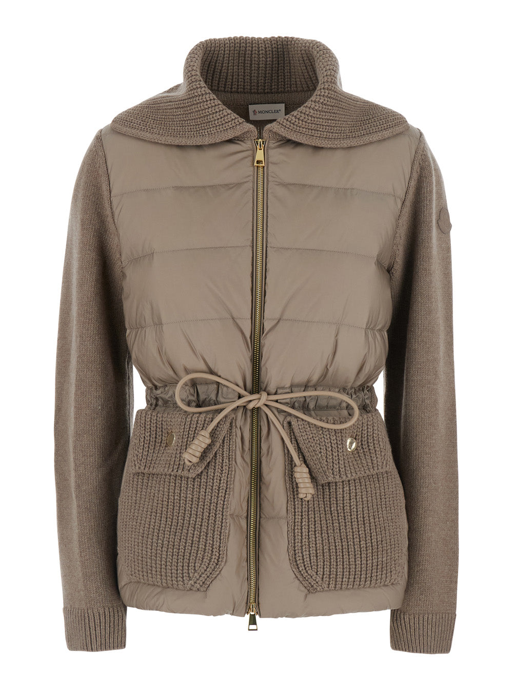 Moncler Women Beige Cardigan With Patch Logo On The Sleeve And Belt On The Front In Tech Fabric And Cotton For Women MONCLER