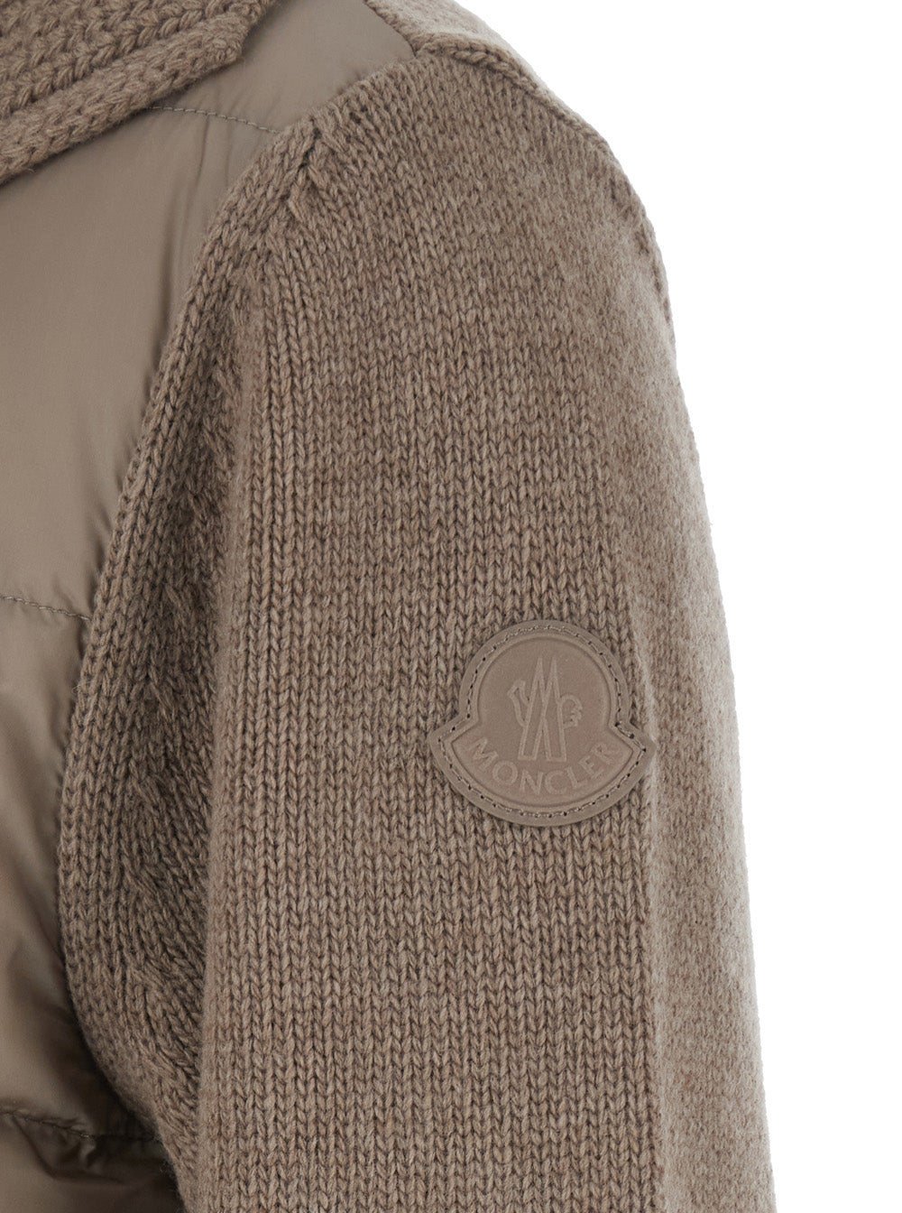 Moncler Women Beige Cardigan With Patch Logo On The Sleeve And Belt On The Front In Tech Fabric And Cotton For Women MONCLER