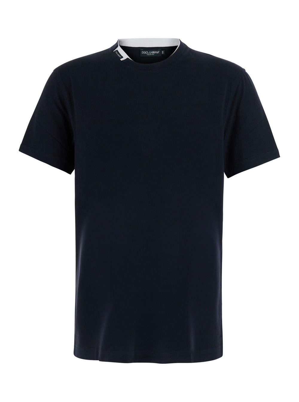 Dolce & Gabbana Men Blue Crew Neck T-Shirt With Logo Patch On The Neck In Cotton For Men DOLCE & GABBANA