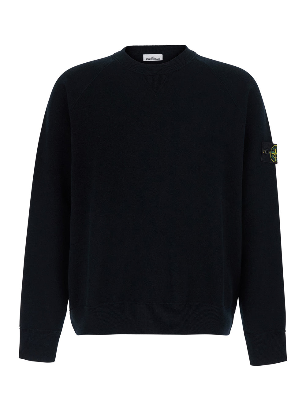 Stone Island Men Black Crew Neck Sweater With Logo Patch On The Sleeve In Wool Blend Men STONE ISLAND