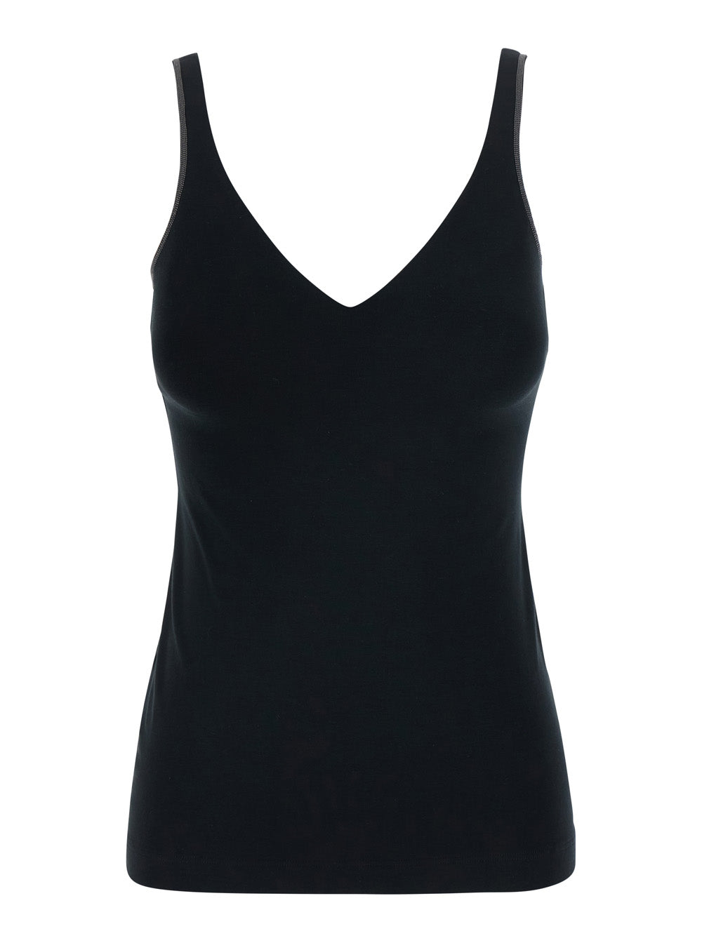Brunello Cucinelli Women Black V-Neck Top With Jewelry Details On The Edges In Cotton For Women BRUNELLO CUCINELLI