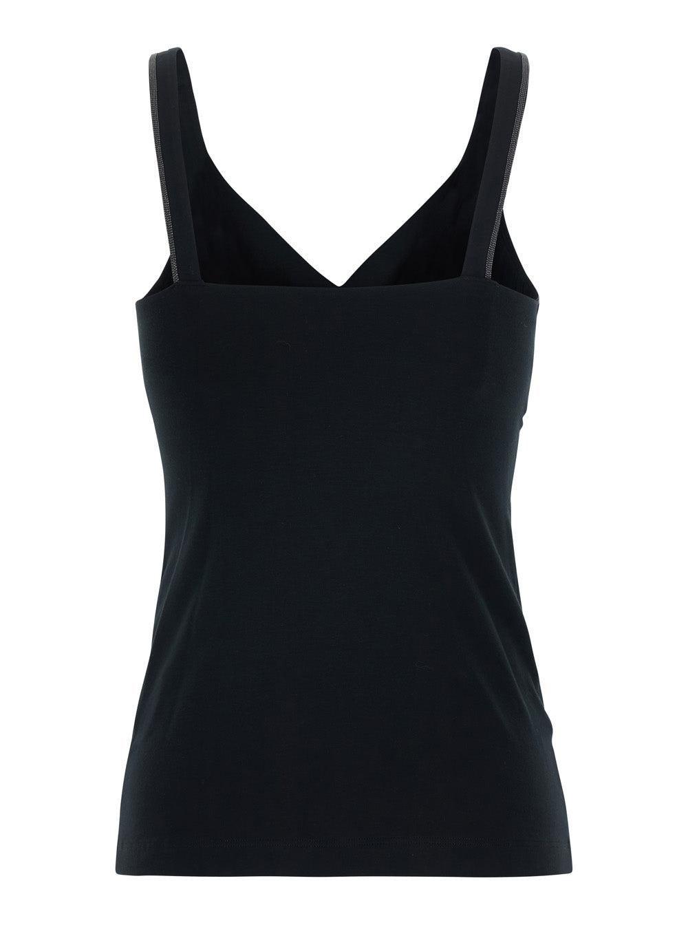 Brunello Cucinelli Women Black V-Neck Top With Jewelry Details On The Edges In Cotton For Women BRUNELLO CUCINELLI