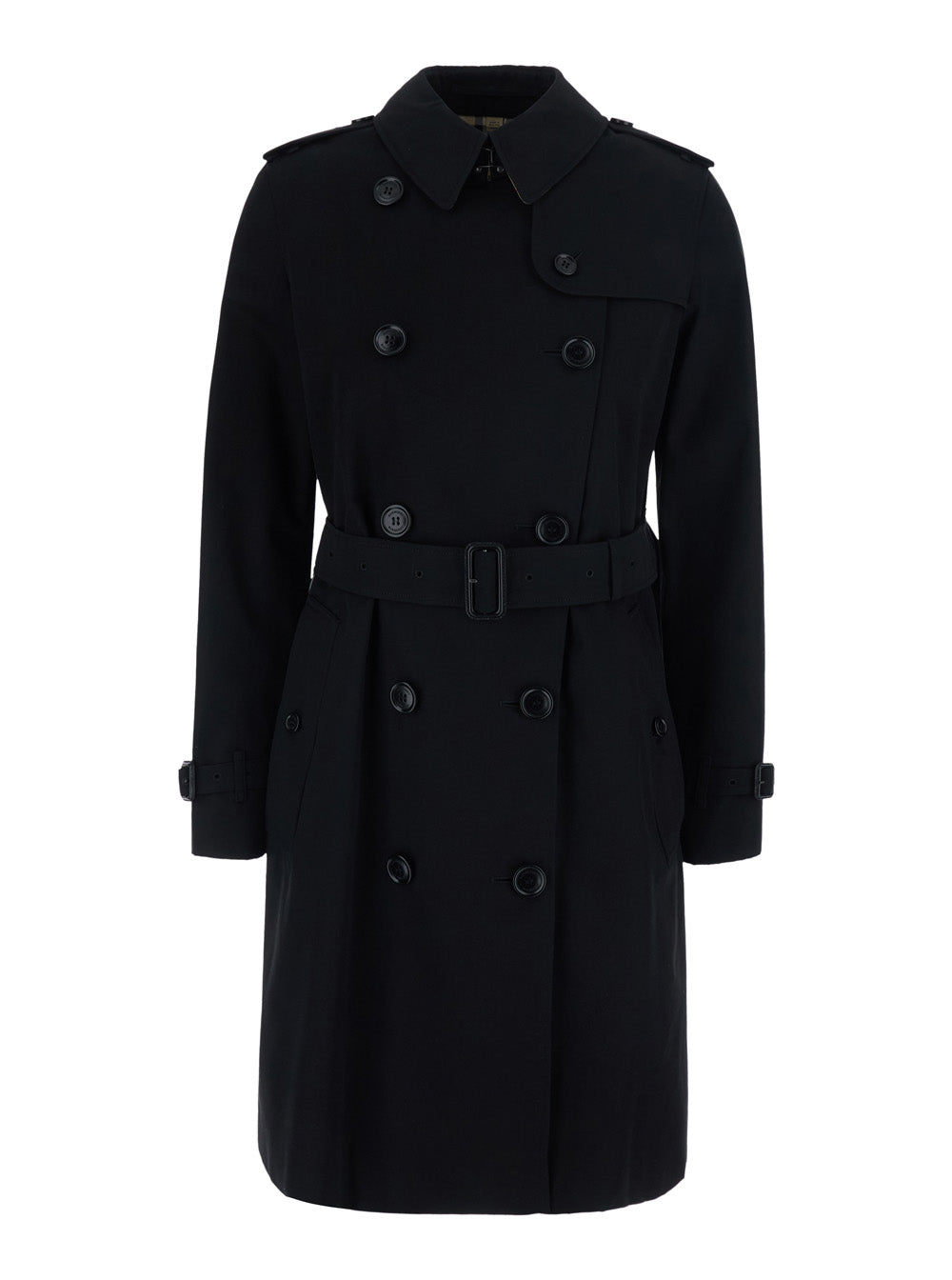 Burberry Women 'Kensington' Black Short Double-Breasted Trench Coat With Waist Belt In Cotton For Women BURBERRY