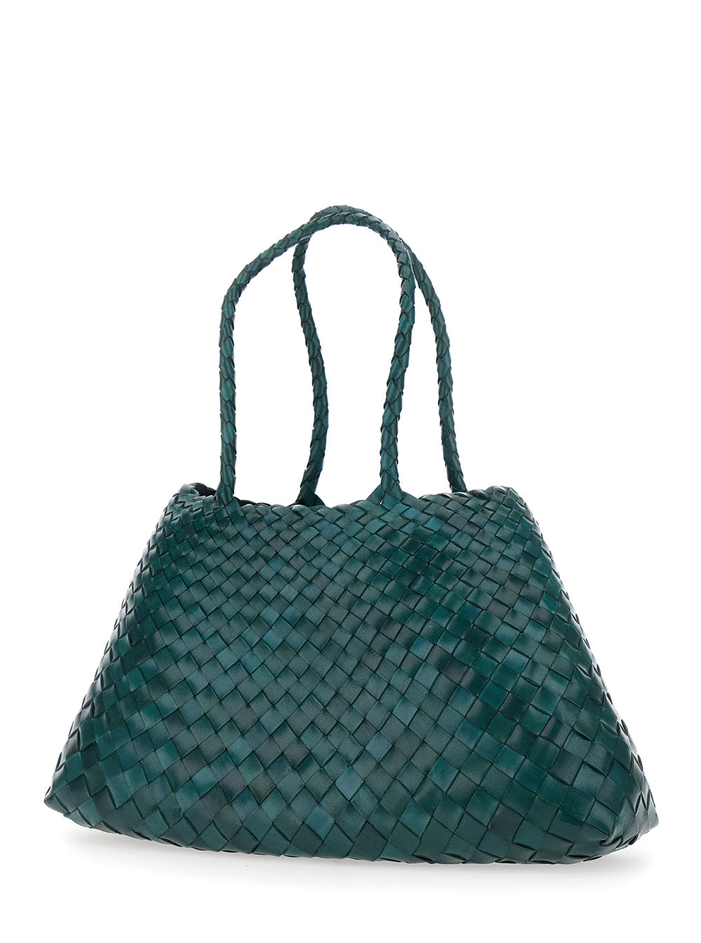 Dragon Diffusion Women 'Santa Croce' Green Large Shoulder Bag With Woven Motif And Two Top Handles In Leather For Women DRAGON DIFFUSION