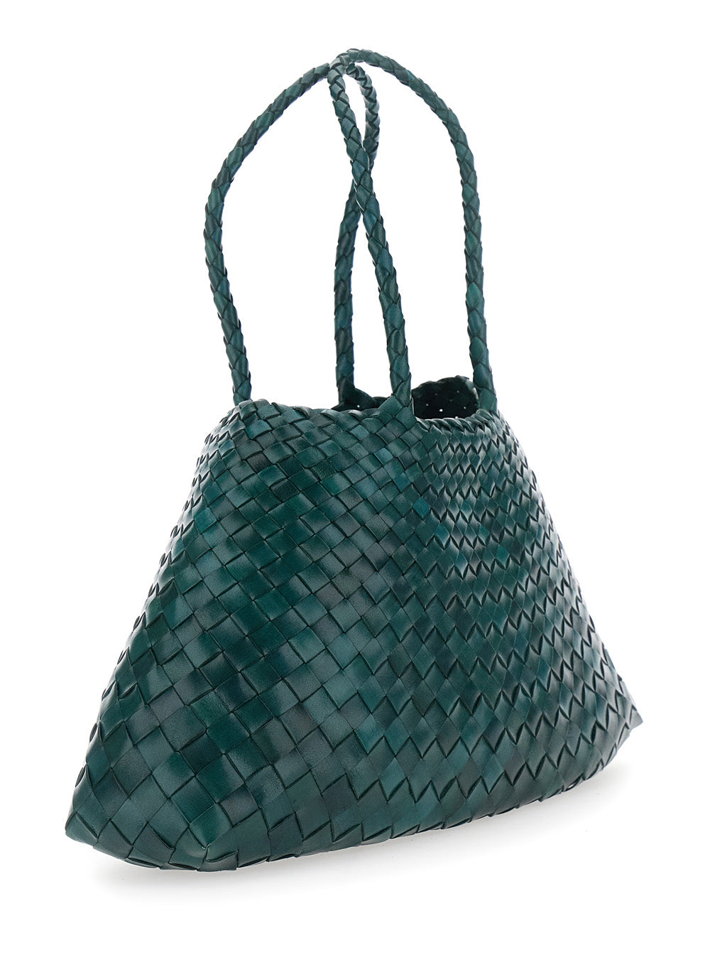 Dragon Diffusion Women 'Santa Croce' Green Large Shoulder Bag With Woven Motif And Two Top Handles In Leather For Women DRAGON DIFFUSION