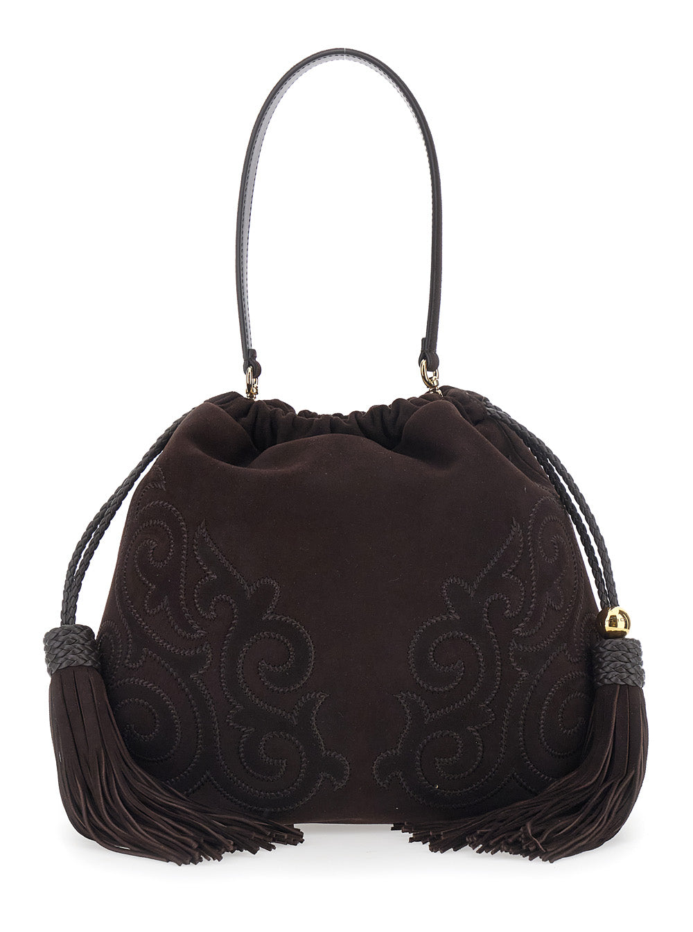 Etro Women 'Kalispera' Brown Shoulder Bag With Drawstring Closure And Tassels On The Front In Suede For Women ETRO