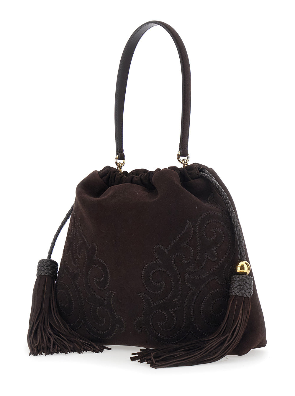 Etro Women 'Kalispera' Brown Shoulder Bag With Drawstring Closure And Tassels On The Front In Suede For Women ETRO