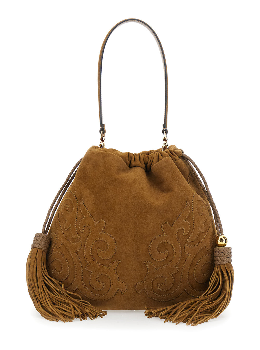 Etro Women 'Kalispera' Brown Shoulder Bag With Drawstring Closure And Tassels On The Front In Suede For Women ETRO
