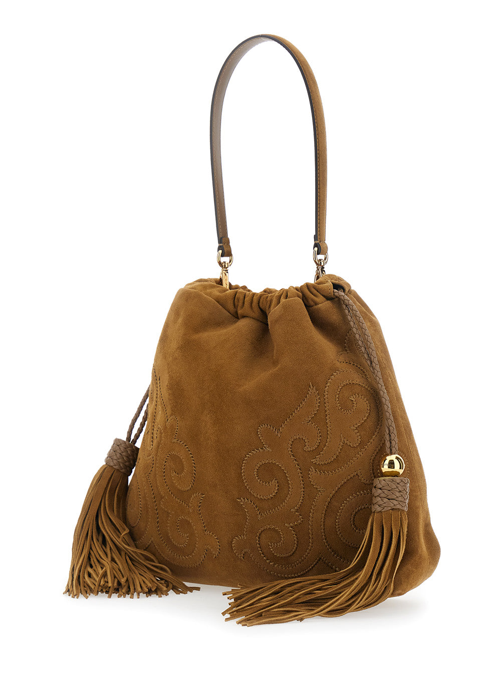 Etro Women 'Kalispera' Brown Shoulder Bag With Drawstring Closure And Tassels On The Front In Suede For Women ETRO