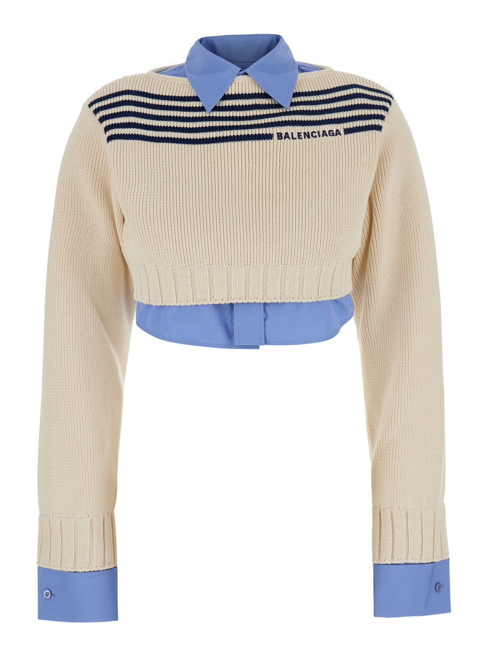 Balenciaga Women White Crop Sweater With Double-Layer Design And Logo Lettering On The Front In Cotton For Women BALENCIAGA