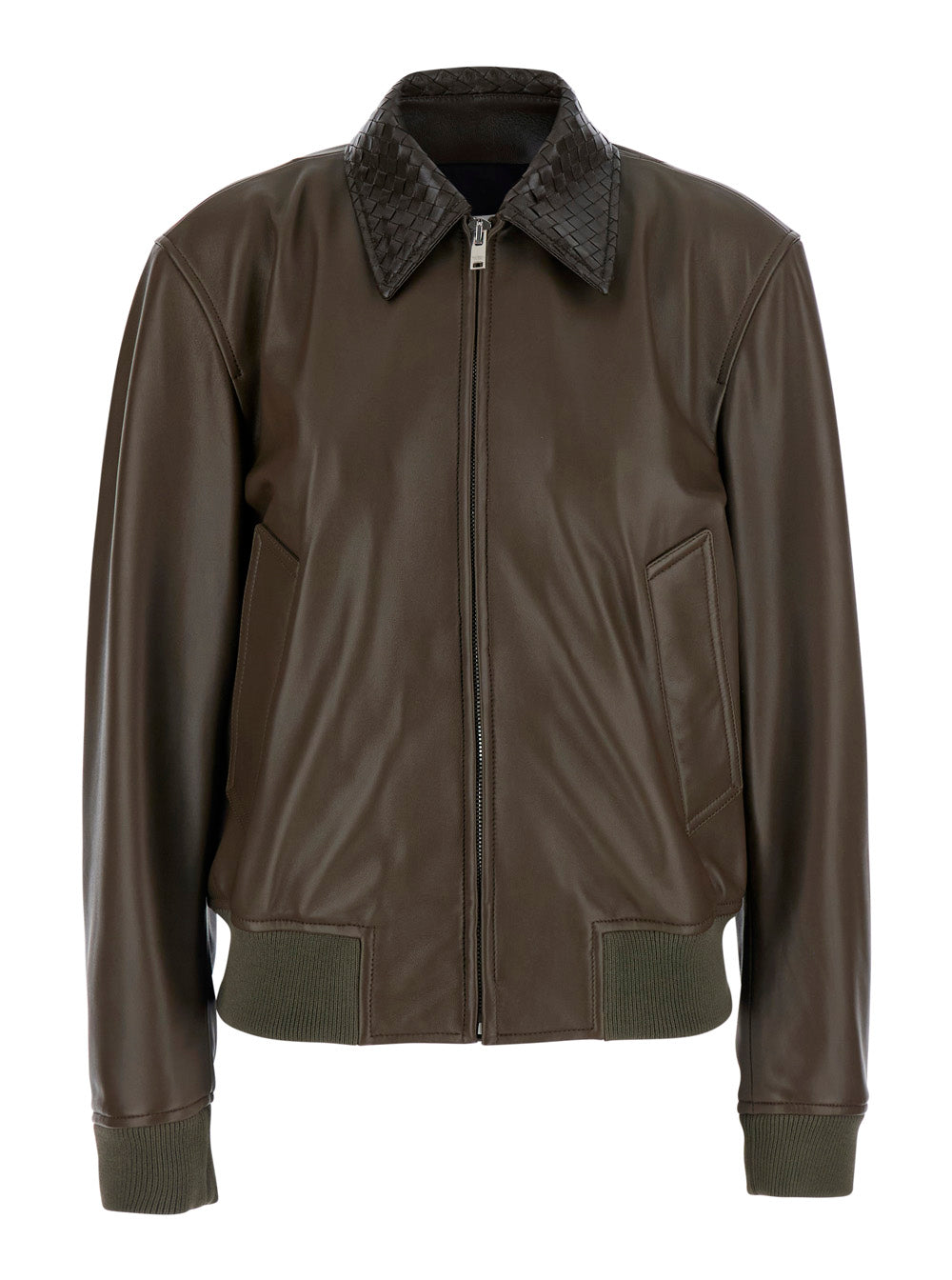 Bottega Veneta Women Dark Green Jacket With Collar With Intreccio Motif In Leather For Women BOTTEGA VENETA
