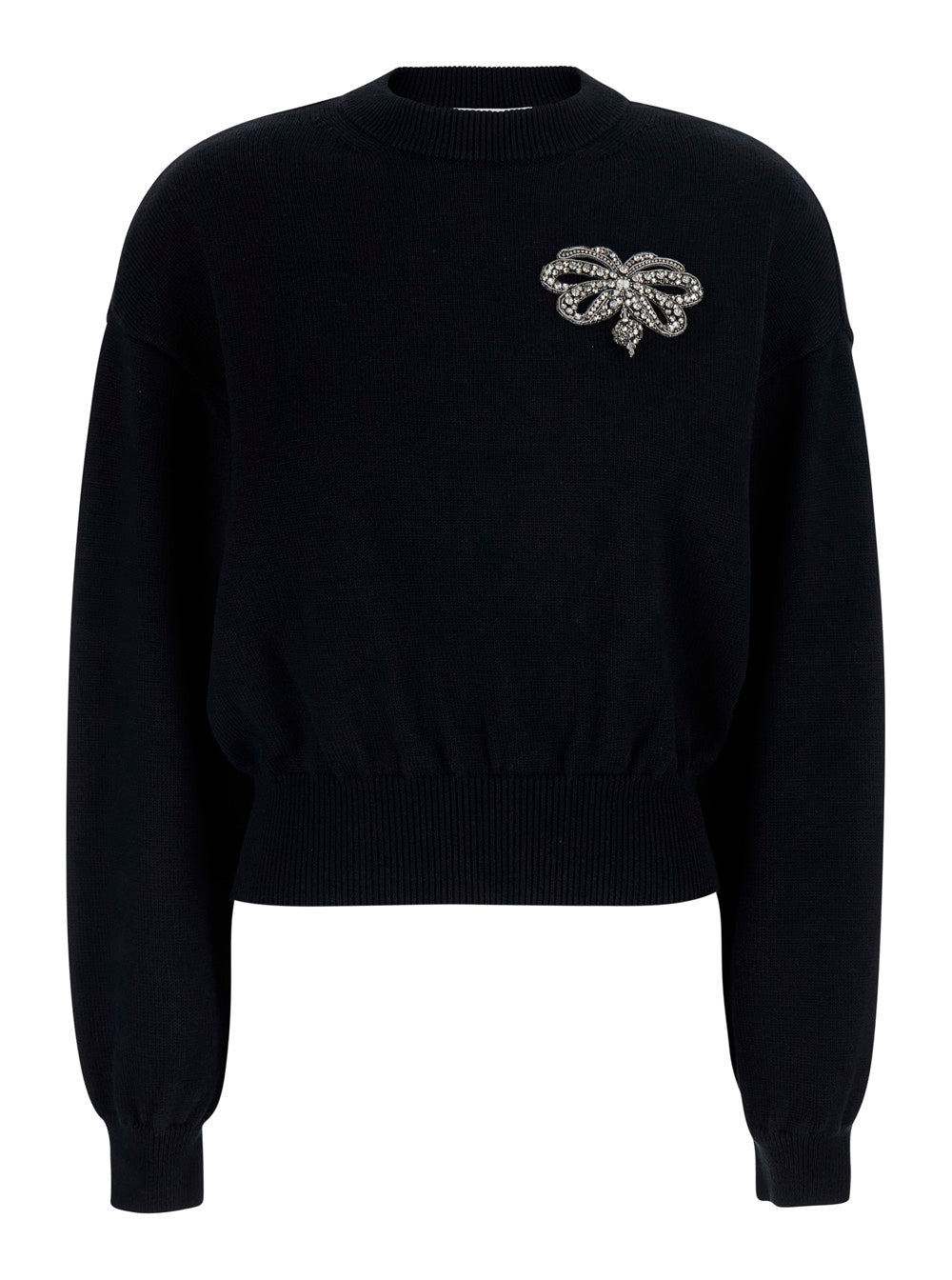 Givenchy Women Black Crew Neck Sweater With Crystals Applied On The Front In Wool And Cotton Blend Women GIVENCHY
