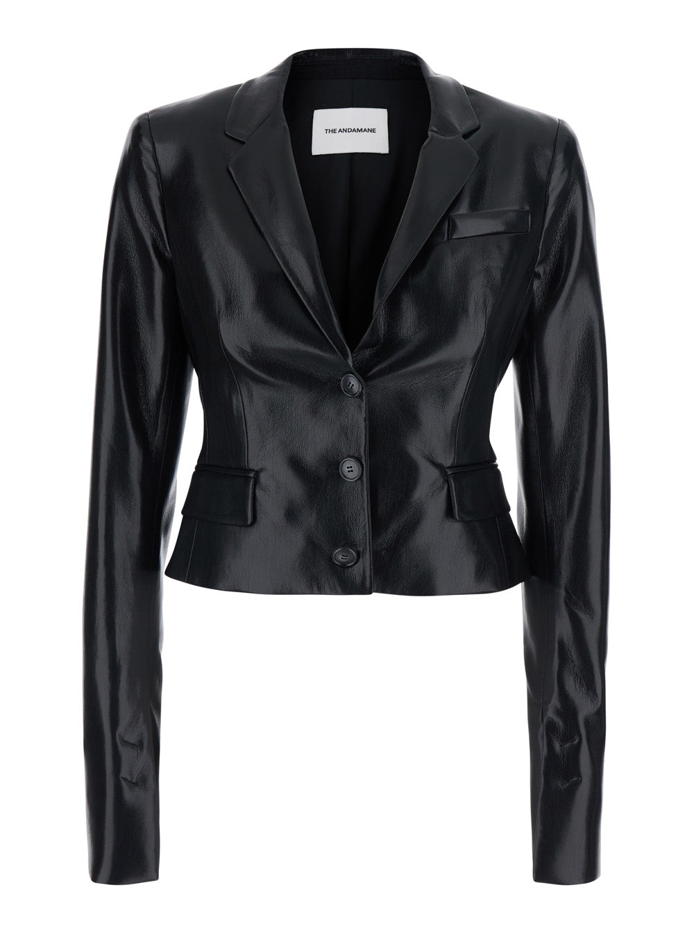 The Andamane Women 'Zefira' Black Jacket With Notched Revers And Crop Design In Eco-Leather For Women THE ANDAMANE