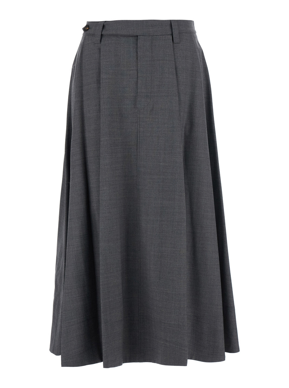 Brunello Cucinelli Women Grey Midi Skirt With Button Closure On The Side And Monil Detail On The Belt Loops In Wool Blend For Women BRUNELLO CUCINELLI
