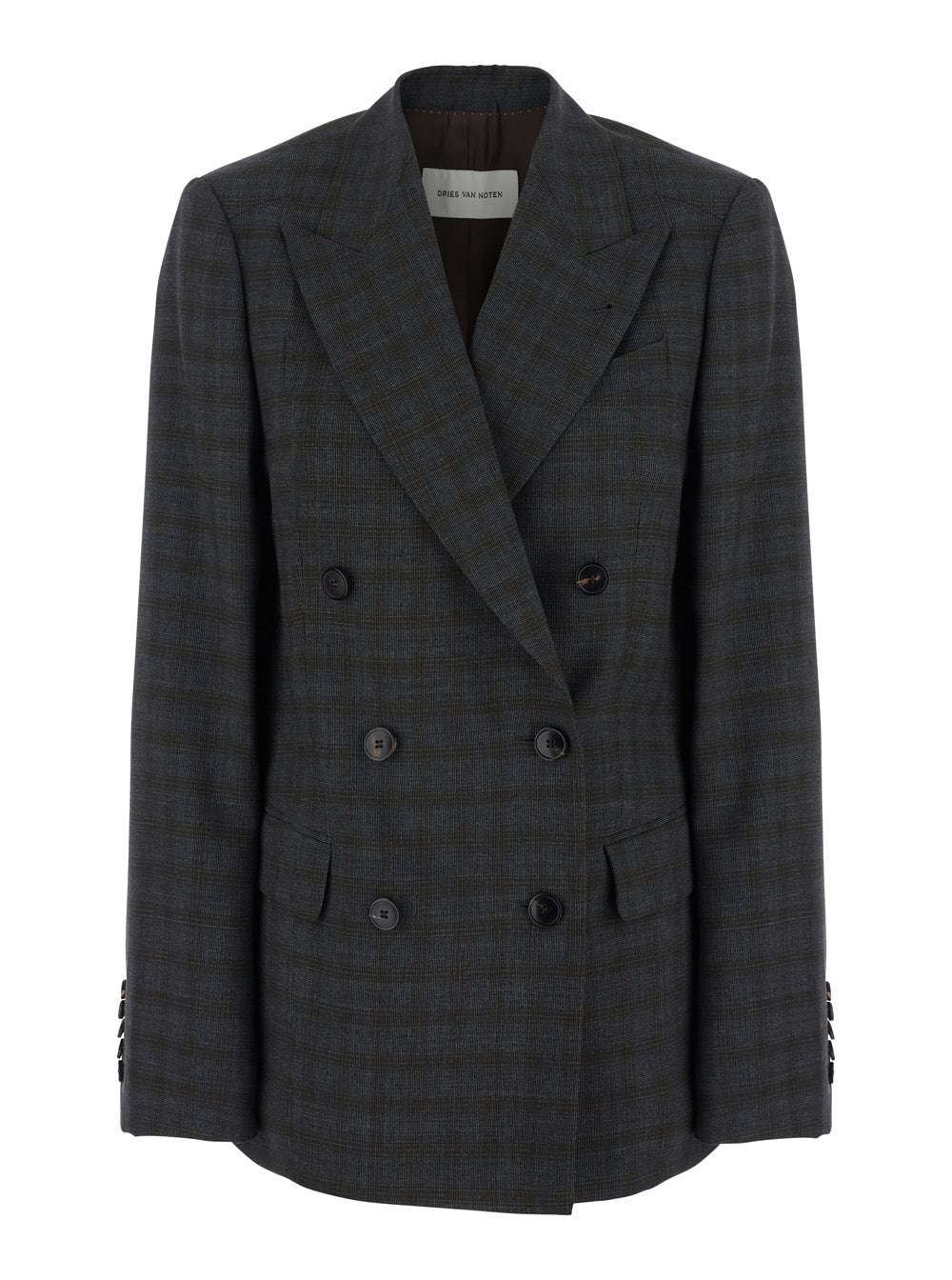 Dries Van Noten Women 'Barrysta' Brown Double-Breasted Jacket With Peak Revers And Check Motif All-Over In Wool For Women DRIES VAN NOTEN