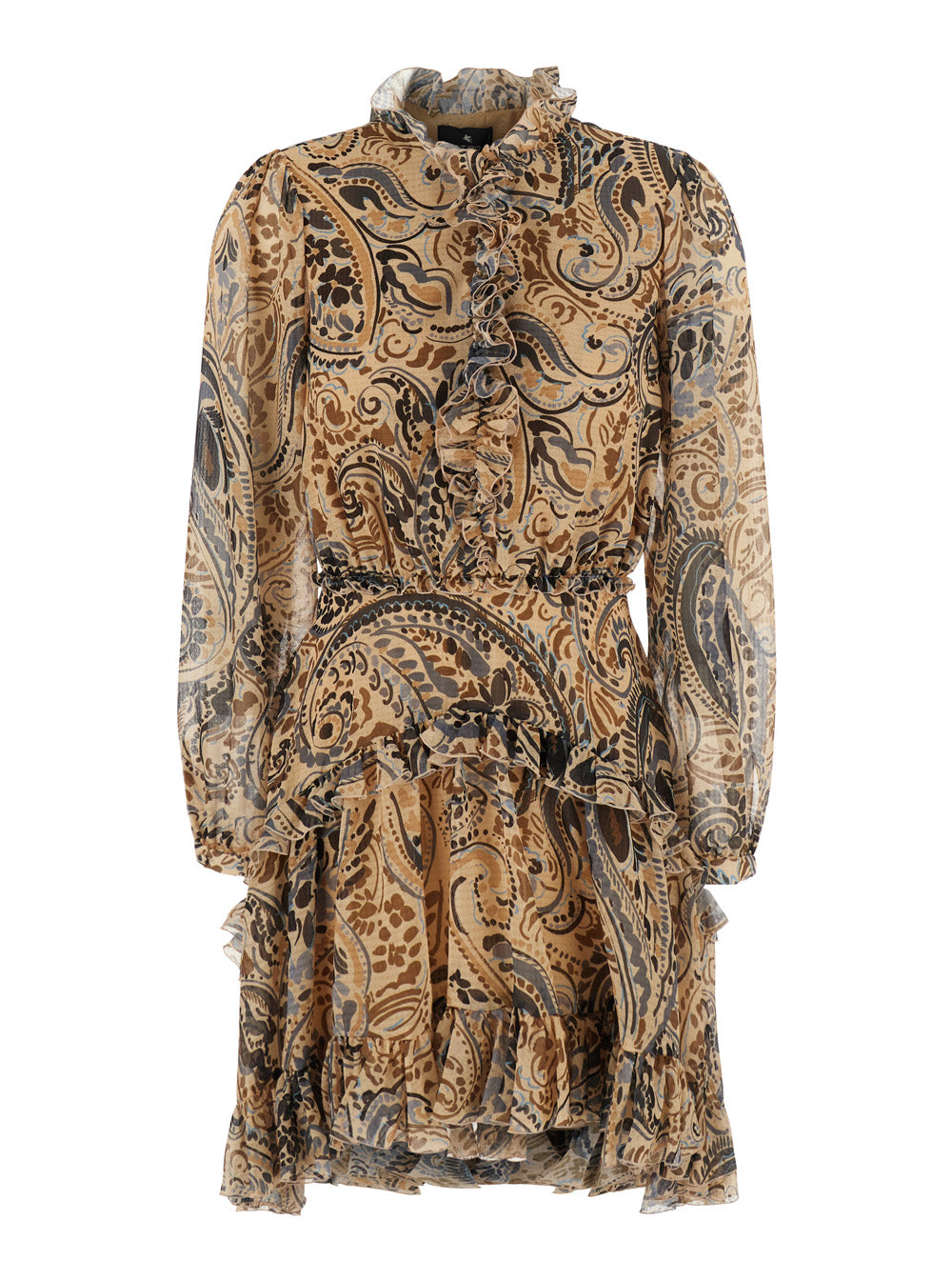 Etro Women Beige Mini Dress With Ruffle Details And All-Over Print In Tech Fabric For Women ETRO