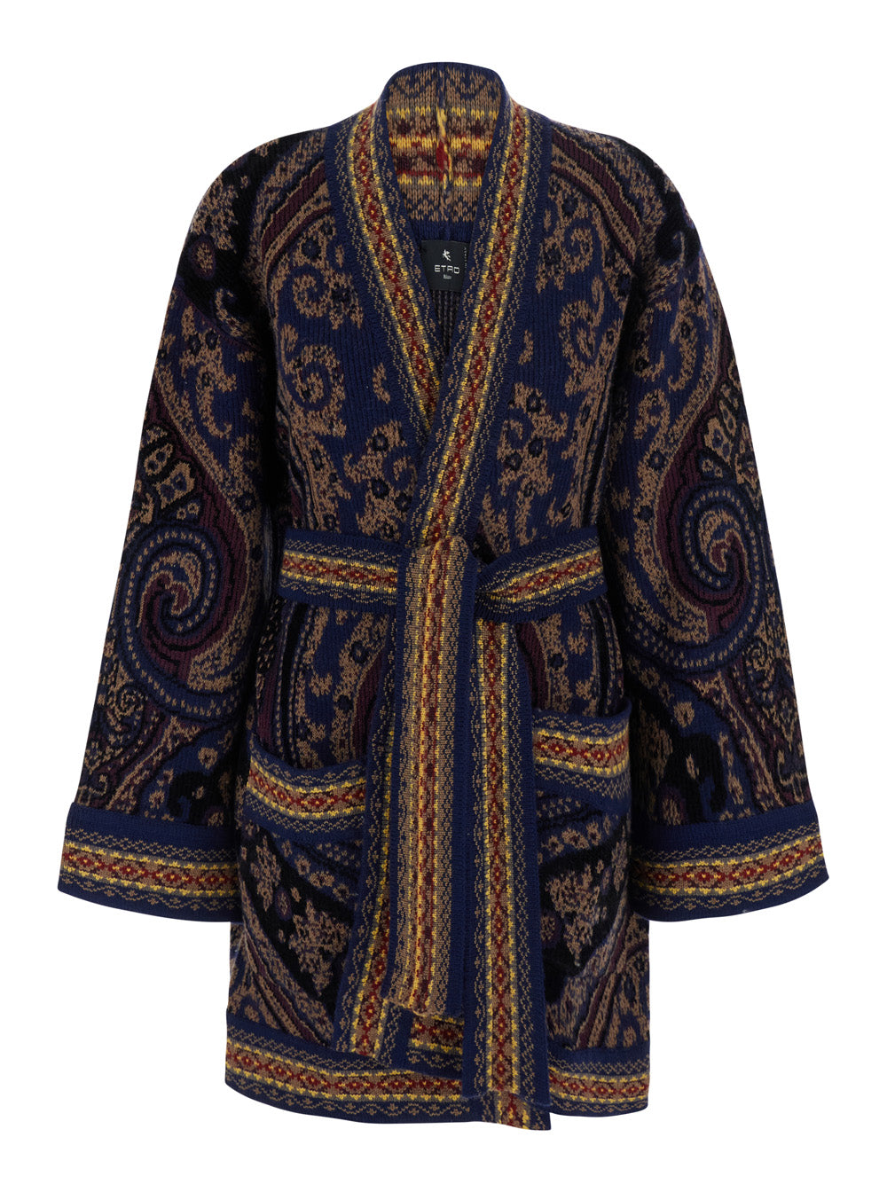 Etro Women Multicolor Cardigan With Belt On The Front And All-Over Geometric Embroidery In Wool Blend For Women ETRO