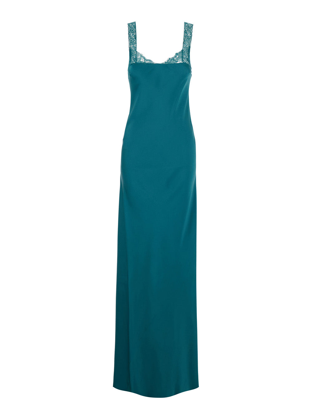 Forte_Forte Women Blue Long Dress With Fixed Straps And Lace Detail On Straps And Neck In Blend Viscose For Women FORTE FORTE