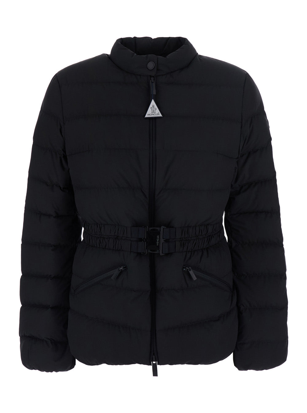 Moncler Women 'Esthetique' Black Down Jacket With Waist Belt And Logo Patch On The Sleeve In Tech Fabric For Women MONCLER