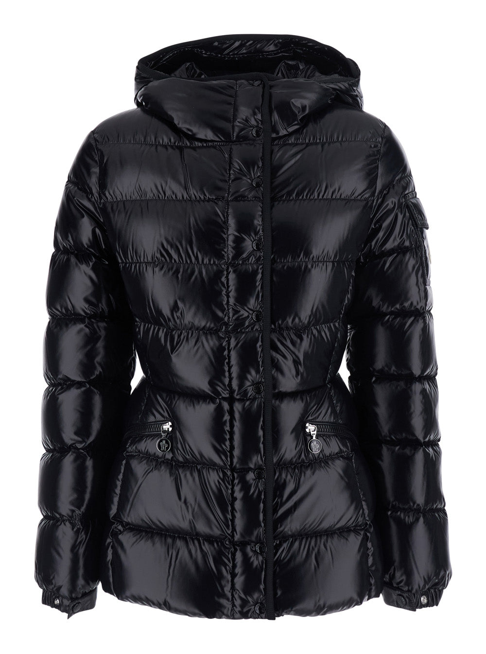 Moncler Women 'Barante' Black Down Jacket With Hood And Applied Pocket On The Sleeve With Logo Patch In Tech Fabric For Women MONCLER