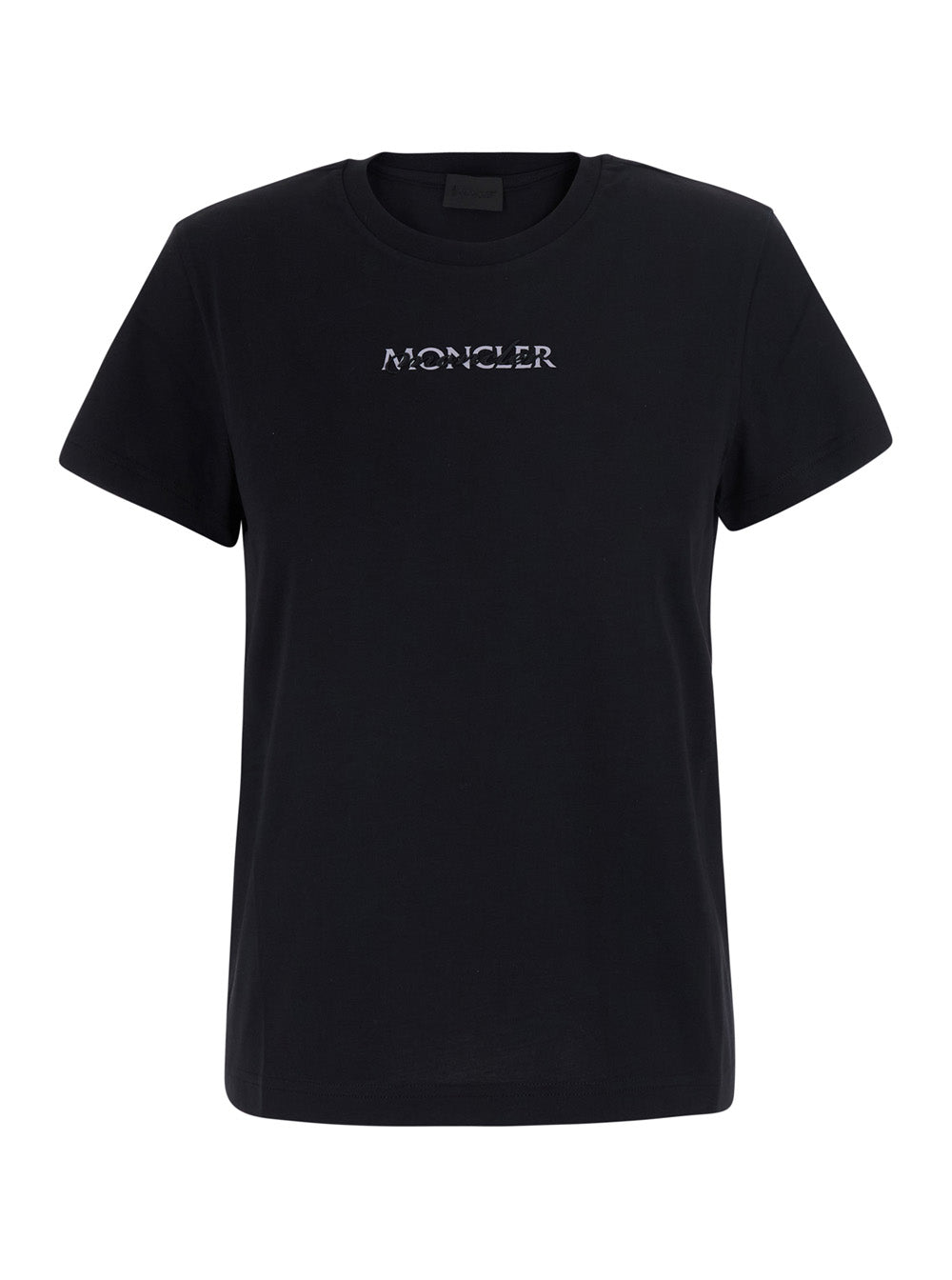 Moncler Women Black Crew Neck T-Shirt With Logo Lettering On The Front And Logo Patch On The Sleeve In Cotton For Women MONCLER