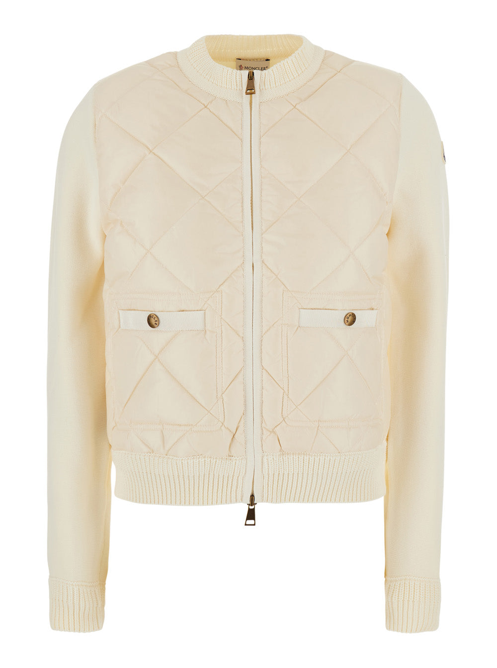 Moncler Women White Crew Neck Cardigan With Quilted Design On The Front And Logo Patch On The Sleeve In Tech Fabric For Women MONCLER