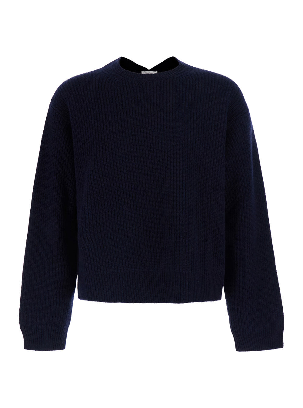 Saint Laurent Men Blue Sweater With Round Neck And V-Neck On The Back In Ribbed Wool For Men SAINT LAURENT