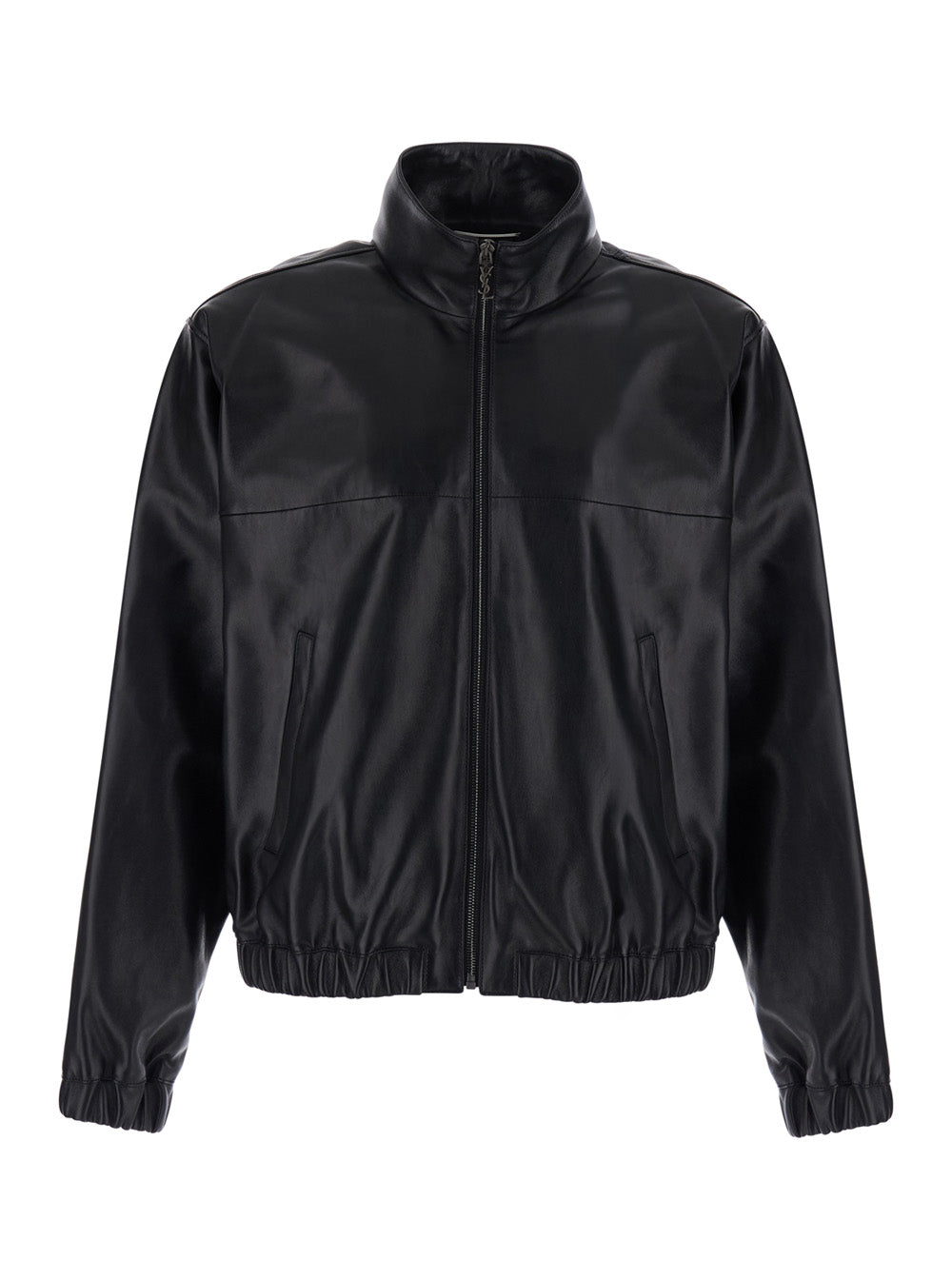 Saint Laurent Men Black High Collar Jacket With Front Zip Closure And Cassandre Plaque On Zipper Pull In Leather For Men SAINT LAURENT